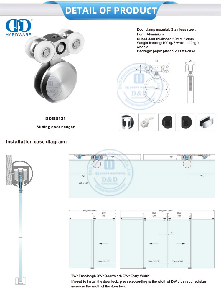 Colgador de puerta corredera Accesorios de baño de acero inoxidable Herrajes de vidrio Herrajes para puerta para puerta corredera-DDGS131