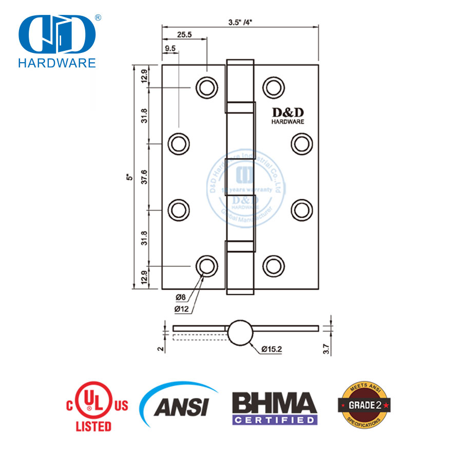 Bisagra de puerta de madera comercial de esquina cuadrada ignífuga ANSI con certificado BHMA-DDSS001-ANSI-2