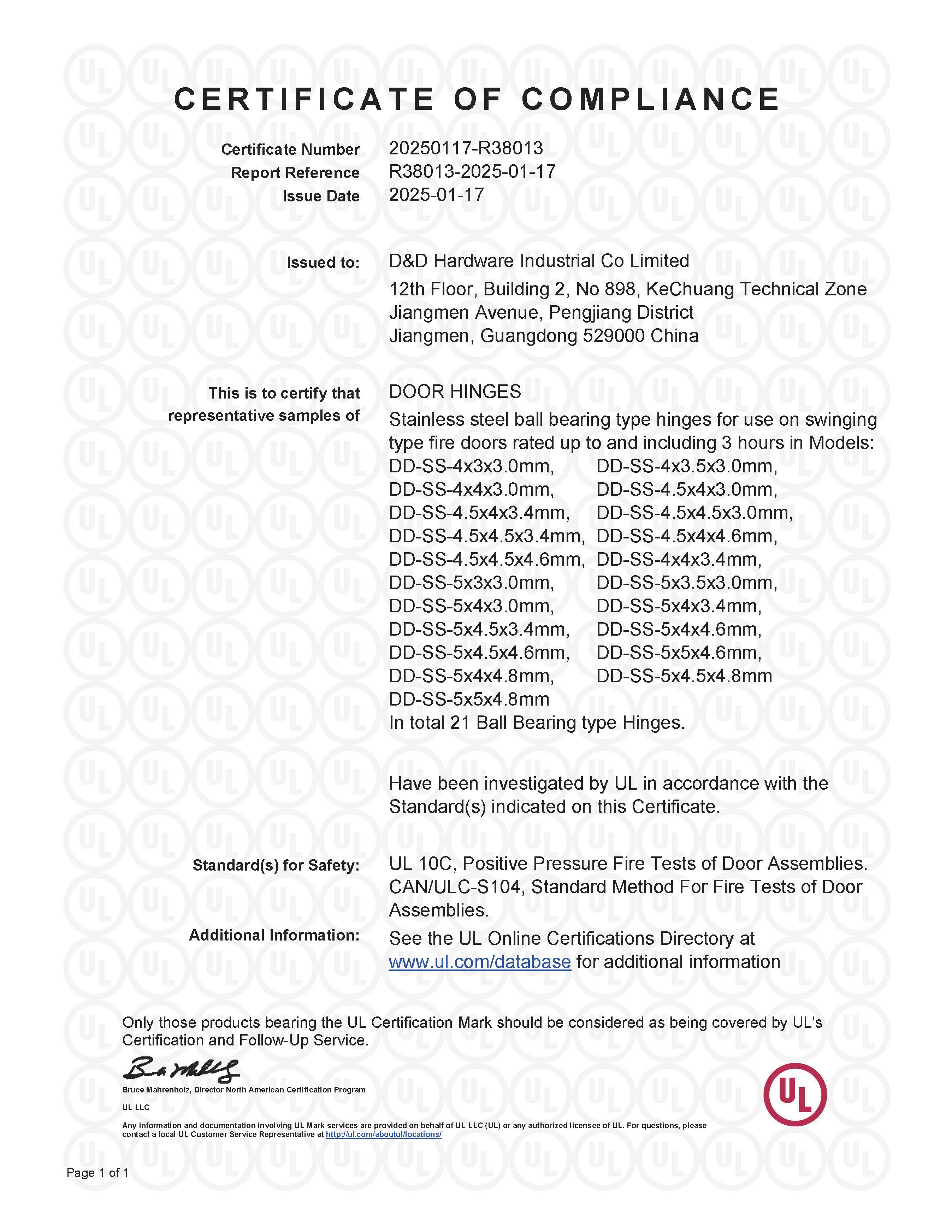 Bisagra de puerta UL 