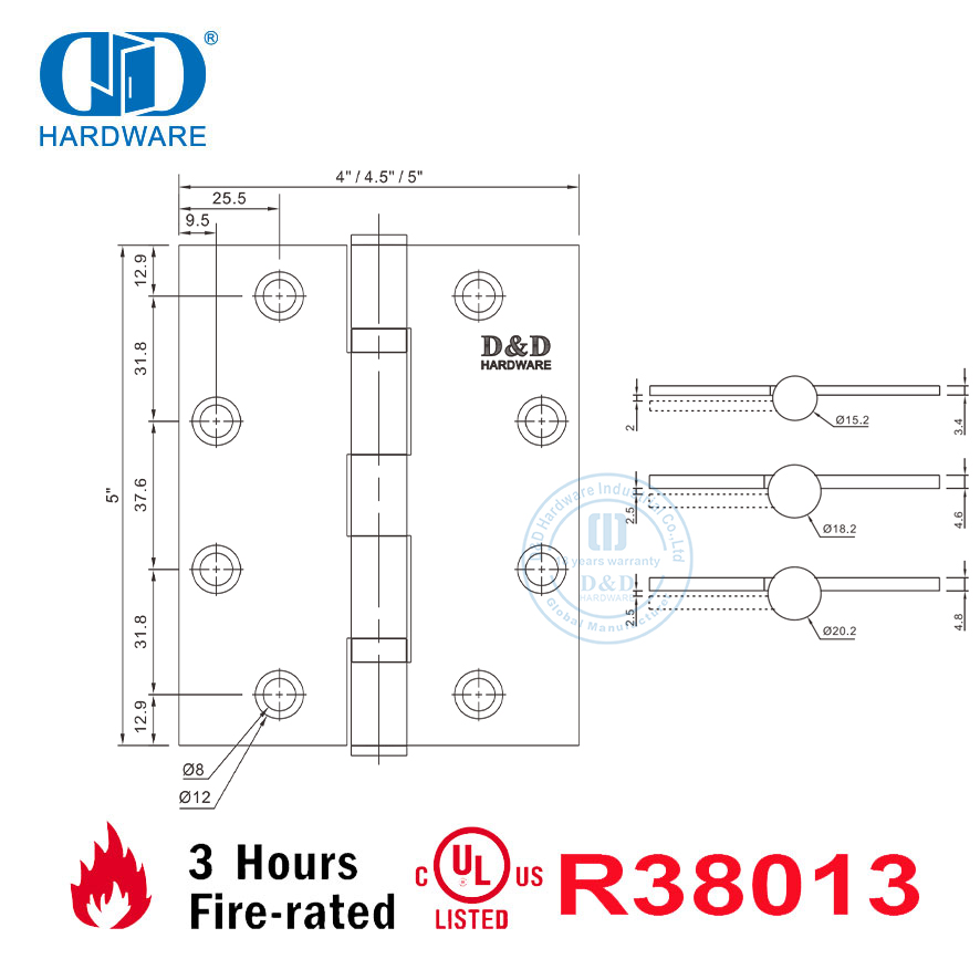 Bisagras de puerta cortafuego SS304 estándar americano con certificación UL para puerta de salida de escape-DDSS006-FR