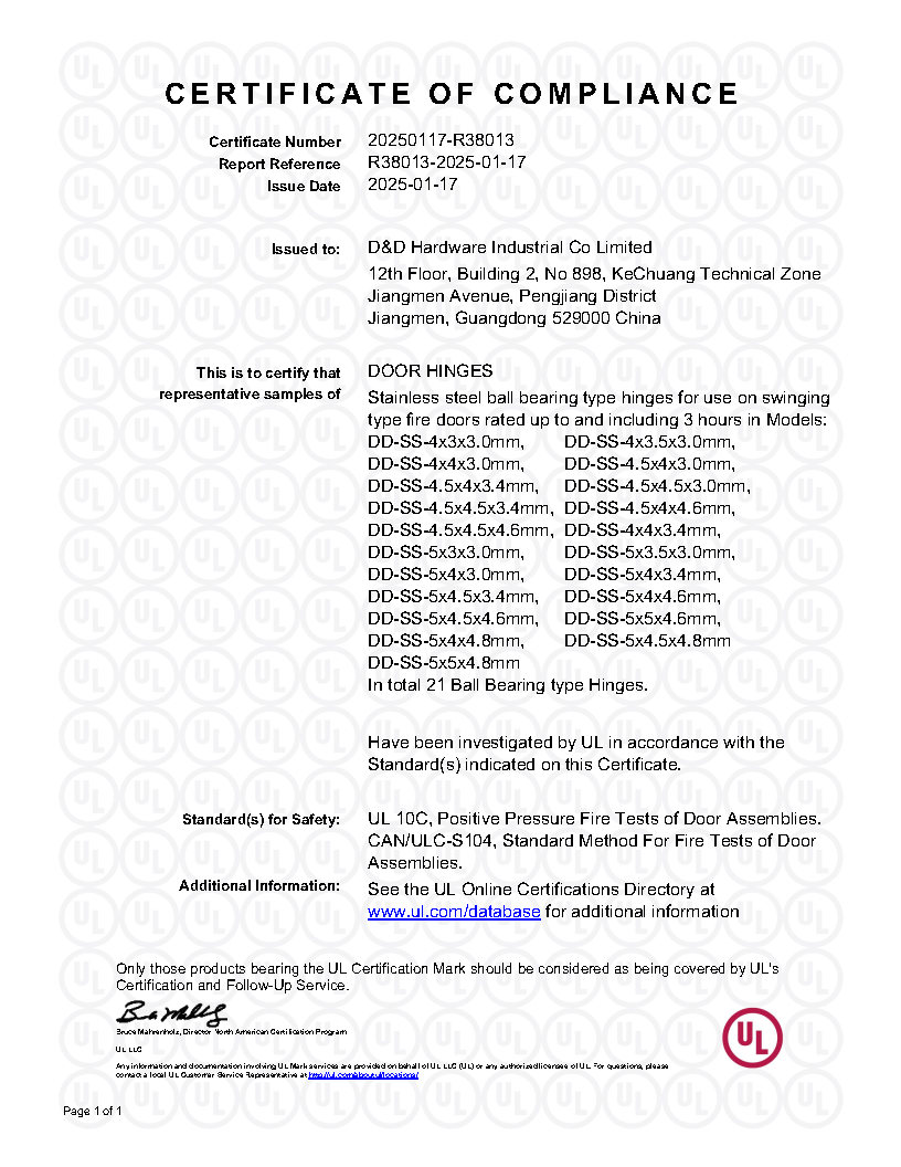 Bisagra de puerta externa SUS304 estándar americano con clasificación de fuego UL-DDSS004-FR